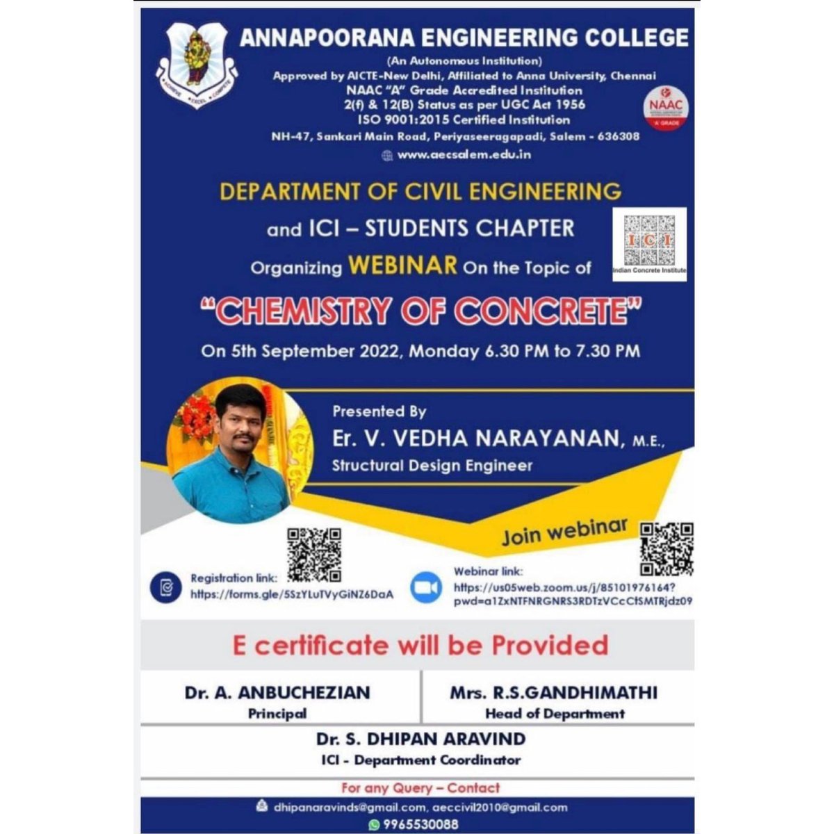 research_pub's tweet photo. CHEMISTRY OF CONCRETE
On 5th September 2022, Monday (6:30 pm to 7:30 pm)

Presented by 
Er. V. Vedha Narayanan, M.E.,
Structural Design Engineer

Join
Registration link: https://t.co/SF95KccSVF 

Zoom link: https://t.co/9B7Ce8pjPb

#Civil
#engineering 
#webinar
#ICI
#Concrete https://t.co/XTi2mKViMK