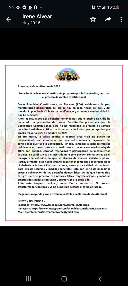 Declaración ACA ante los resultados del plebiscito de salida.