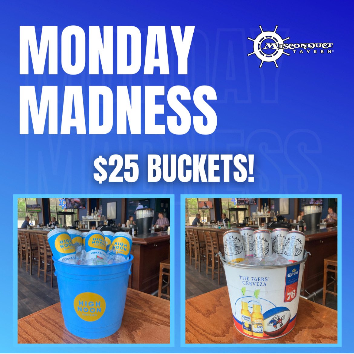 MisconductPHL's tweet photo. Join us this Monday for a $25 bucket! Now that’s a deal!
#laborday #philly #bucketofbeer #holidayweekend #drinkphilly #misconductmile #labordayweekend #highnoon #whiteclaw https://t.co/t0COHWesy2