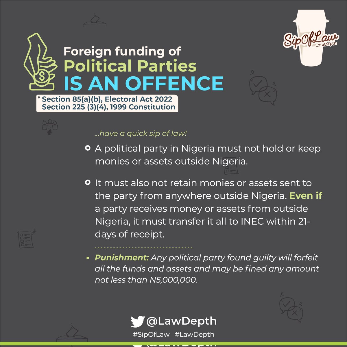 LawDepth's tweet photo. Now you know... Funding Political Parties from outside Nigeria is an offence under the Electoral Act 2022 and the 1999 Constitution.

Enjoy this #SipOfLaw from #LawDepth

We'll be glad to answer your question or inquiry https://t.co/DqQhJlBbi4