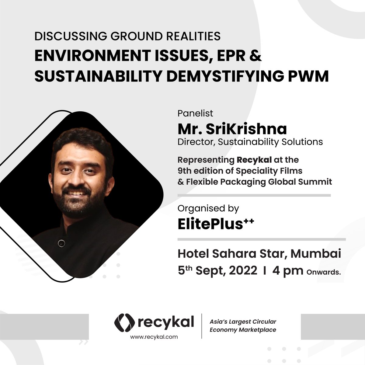 recykaldotcom's tweet photo. Our Director of Sustainability, Srikrishna Balachandran will be joining the panel discussion on Environmental issues, #EPR & #Sustainability - Demystifying PWM today organized by: Elite Plus++
#sustianablepackaging #circularity #CircularEconomy https://t.co/yfZAFvwmLT