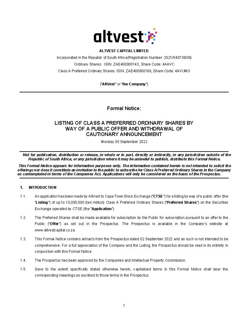 CapitalAltvest's tweet photo. 🚨It's the announcement you have been waiting for! Our formal notice of Umganu's listing and a withdrawal of our cautionary

Umganu lodge goes live on 22 September!

The link to the announcement: https://t.co/QoiYdeVOmg

The link to the prospectus: https://t.co/whAhHmpHhu https://t.co/LmFMoc5f87