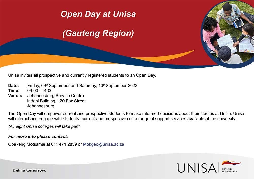 unisa's tweet photo. Gauteng open day - Friday, 09th September and Saturday, 10th September 2022 
from 09:00 - 14:00 at  Johannesburg Service Centre, Indoni Building, 120 Fox Street,  Johannesburg. We invite all prospective and currently registered students. https://t.co/ZZwEuaCk1T