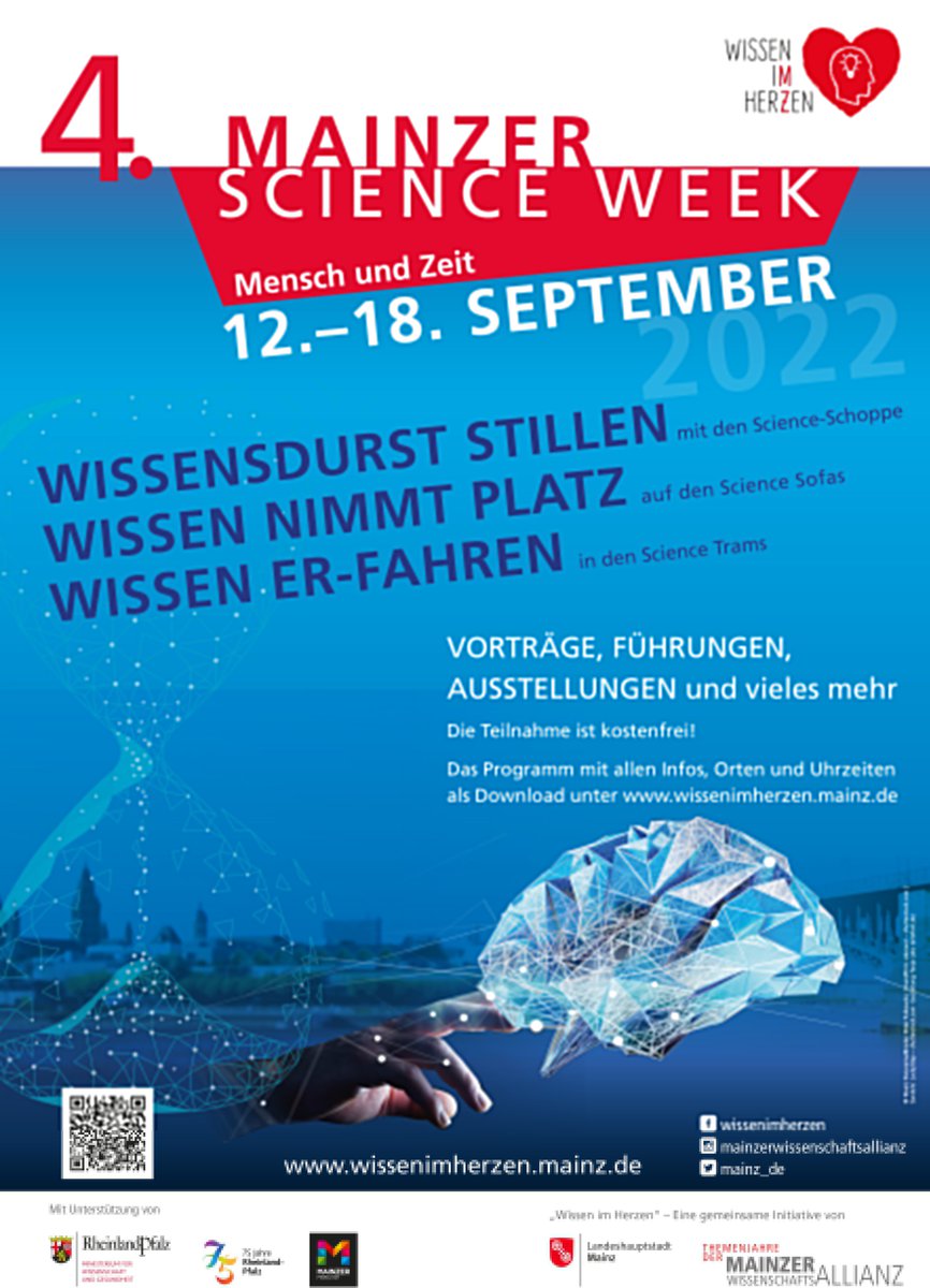 uni_mainz_event's tweet photo. JETZT SCHON VORMERKEN: 4. #MainzerScienceWeek vom 12.-18.9.2022 zum Themenjahr "Mensch und Zeit", u.a. mit #ScienceSofa, #MeenzerScienceSchoppe, #ScienceTram, #KinderUni und den #MZTageJE https://t.co/39tsxP5HiE // #WissenImHerzen #Wissenschaftsallianz https://t.co/lM5oo4yu3W