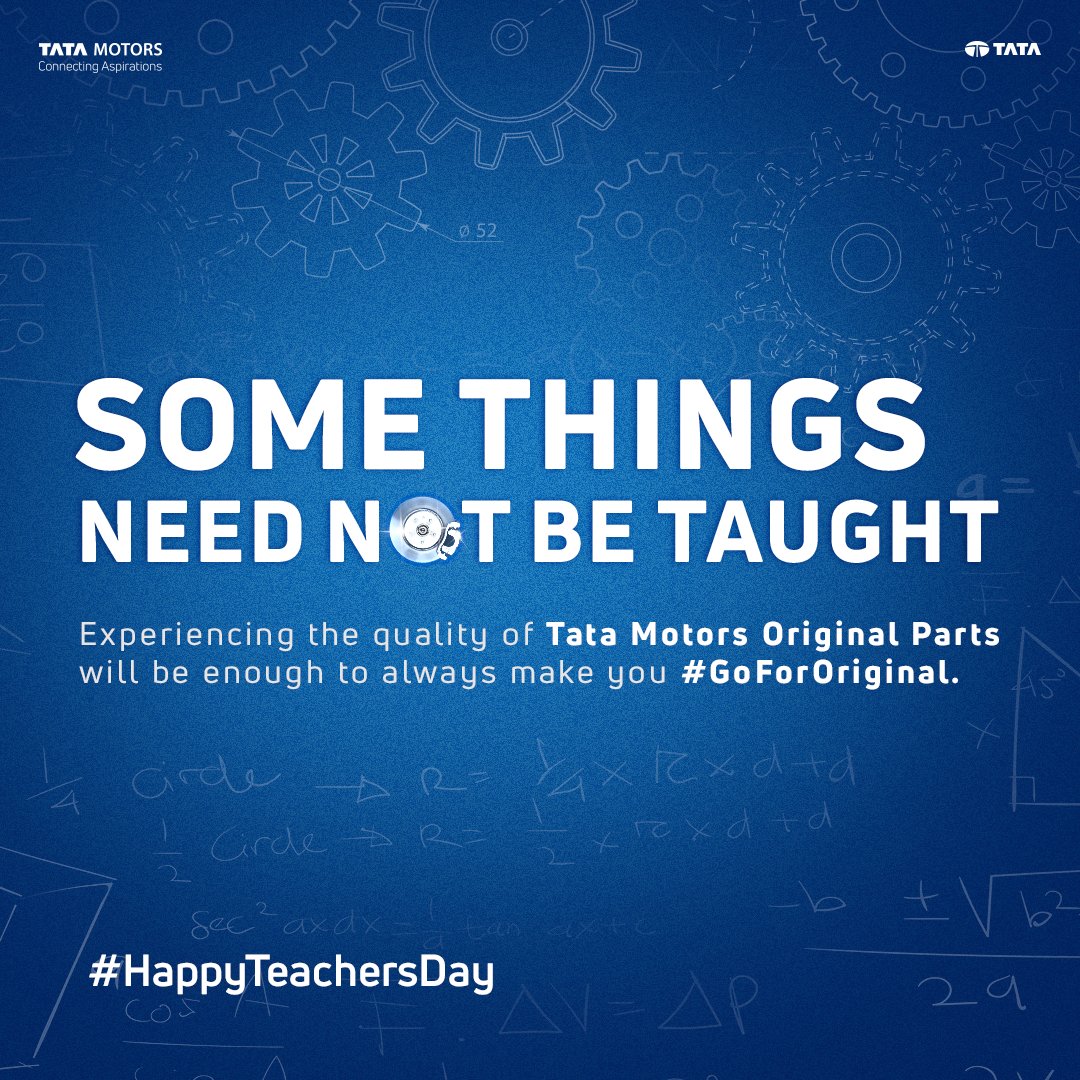TATA_CARS's tweet photo. Here's to the important lessons learnt at every junction of our lives. Always #GoForOriginal
Tata Motors Original Parts wishes all the Teachers a very Happy Teachers' Day. 

#TeachersDay2022 #TeachersDay #TataMotorsOriginalParts #OriginalParts #TataMotorsPassengerVehicles https://t.co/lvG1TDxa1D