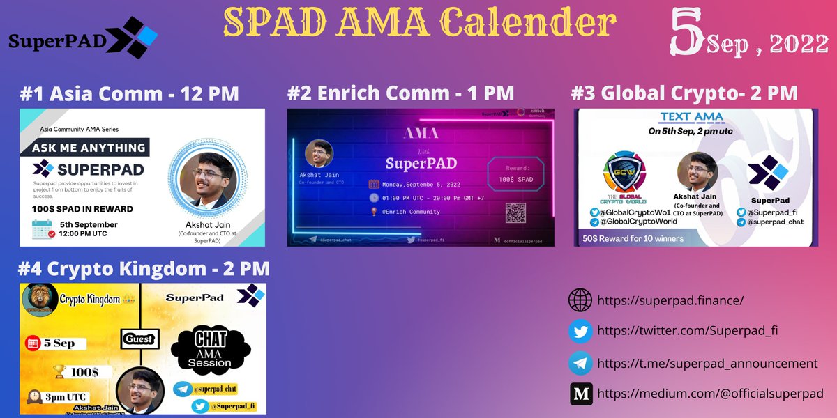SuperPAD AMA Series ( Date - 05/09/2022 ) 
Host:- <a href="/AsiaCommunityAs/">Asia Community Support</a>
            @EnrichCommunity
            @GlobalCryptoWo1
            <a href="/Cryptokingdoms5/">Crypto kingdoms</a>
*All users should follow @superpad_fi for AMA Participation.
#SuperPAD #AMA #launchpad