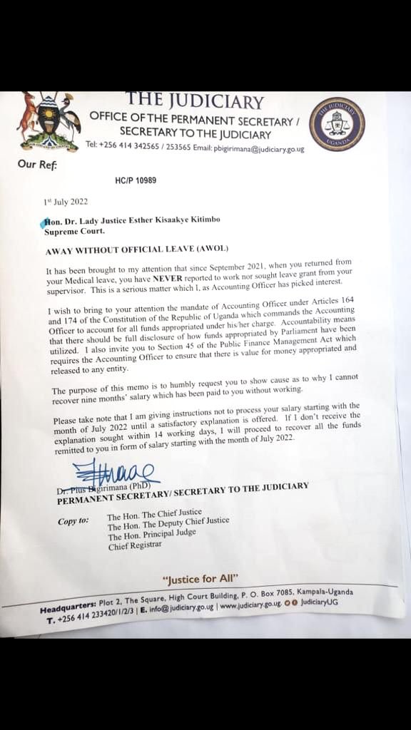 kizzabesigye1's tweet photo. From letters of PS-Judiciary, Dr Bigirimana, &amp; of Supreme Court Judge, Dr Esther Kisakye, it’s clear that this arm of the Gov’t is in disarray!

Trouble for Lady Justice Dr Kisakye started with (allegedly) CJ Owiny Dollo refusing her to read a dissenting judgment he hadn’t read. https://t.co/ehd7TGxYtK