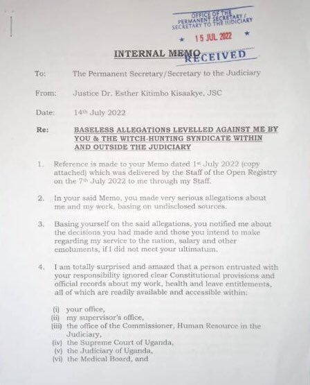 kizzabesigye1's tweet photo. From letters of PS-Judiciary, Dr Bigirimana, &amp; of Supreme Court Judge, Dr Esther Kisakye, it’s clear that this arm of the Gov’t is in disarray!

Trouble for Lady Justice Dr Kisakye started with (allegedly) CJ Owiny Dollo refusing her to read a dissenting judgment he hadn’t read. https://t.co/ehd7TGxYtK