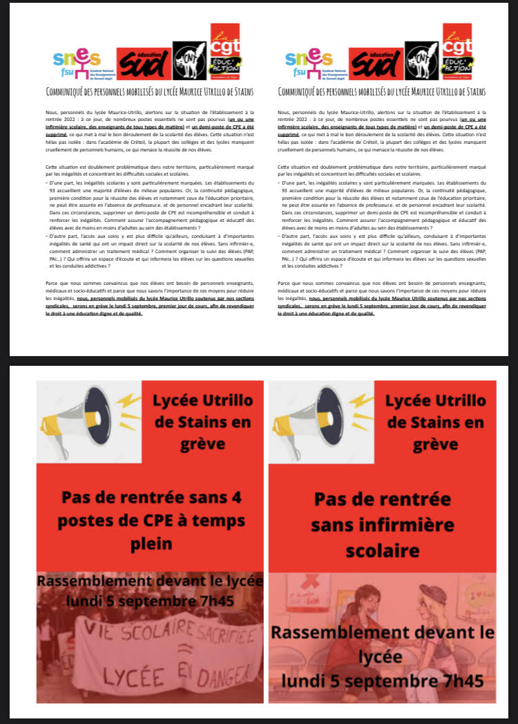 🔴 Plus de 30 grévistes ce matin au lycée Maurice Utrillo (Stains) ✊📢🔥
#NotreVraieRentrée 

Les personnels mobilisé·es seront présent·es au rassemblement devant la DSDEN (Bobigny) à 14h !
<a href="/AcCreteil/">Académie de Créteil</a> <a href="/education_gouv/">Ministère Éducation nationale</a> 

<a href="/93Fsu/">https://bsky.app/profile/fsu93.bsky.social</a> <a href="/SnesFsuCreteil/">SNES-FSU CRETEIL</a> <a href="/SNESFSU/">SNES-FSU</a>