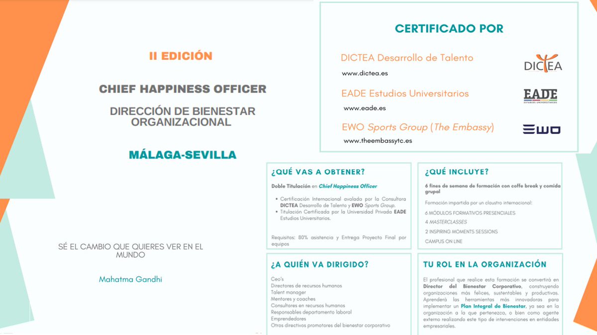 Si estás interesado en el Bienestar Organizacional, te presentamos la II Edición del Programa  “Chief Happiness Officer" certificado por <a href="/GrupoDictea/">GrupoDictea</a>  <a href="/EadeUniversidad/">EADE</a>  y EWO SPORTS CLUB y que tendrá lugar desde novi 2022 a May 2023 en Málaga y Sevilla.
dictea.es/chief-hapiness…