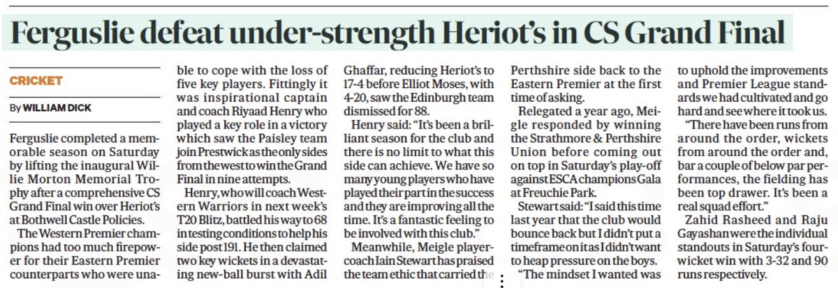 ScottyCricket's tweet photo. @FerguslieCC #Skipper @Yaardie_13 reflects in @ScotsmanSport on club victory in #CSGrandFinal v @HeriotsCricket @heriotsarchive
@CoachPersill praises his @Meigle_Cricket side after victory v @Gala_Cricket means a straight return to #EasternPremierLeague https://t.co/qUeMPMIvsA