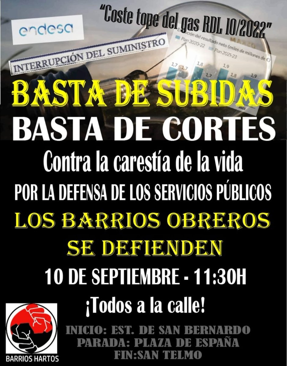 interdistritos's tweet photo. 🔴 SEMANA DE MÁXIMA DIFUSIÓN 🔴 

Comparte y no faltes a la cita de la dignidad y la lucha 

* Sábado 10 Septiembre
* 11:30 h
* Desde Est. Metro San Bernardo

"LOS BARRIOS OBREROS SE DEFIENDEN"

#BarriosHartos
#nomascortes 
#EndesaCriminal
#QueLaCrisisLaPaguenEllos https://t.co/K1CvD02MYw