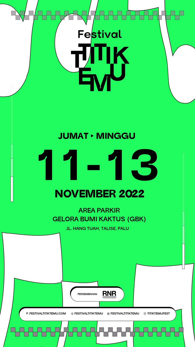 Tandai kalendermu, set pengingat di gawaimu! 🥳

FESTIVAL TITIK TEMU
🗓 Jumat-Minggu, 11-13 November 2022
📍 Area Parkir Utara Gelora Bumi Kaktus (GBK) Palu

#festivaltitiktemu