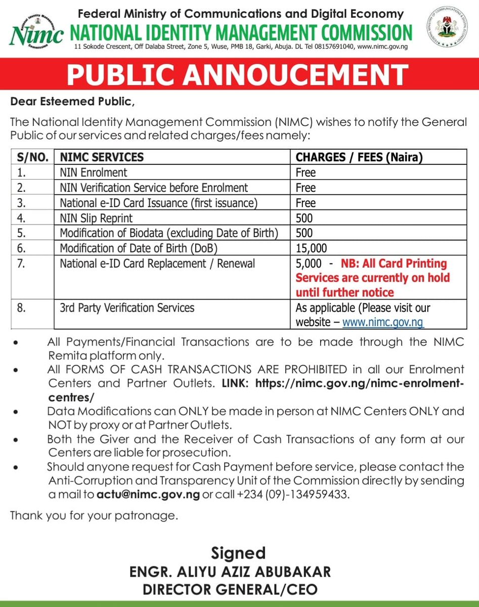 nimc_ng's tweet photo. Public Announcement
@ProfIsaPantami @aliyuaziz @NigeriaGov @HDagabana @KayodeAdegoke27 @FMoCDENigeria @abujastreets @4eyedmonk @BashirAhmaad @cenbank @MTNNG @GloWorld @9mobileng @AirtelNigeria https://t.co/eBife8zBv1