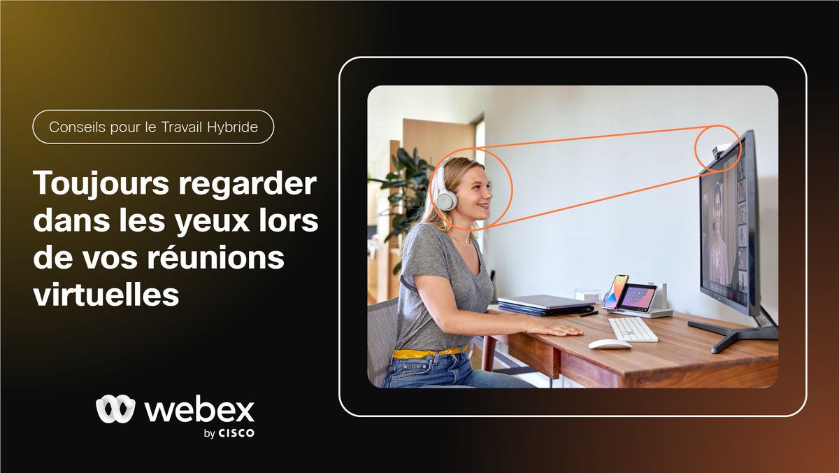 Mettez votre ordinateur portable à niveau, littéralement. ⬆️💻

Évitez les angles de caméra gênants en positionnant votre moniteur de manière à ce que votre caméra soit au niveau des yeux. Votre cou vous remerciera aussi

#HybridWorkTips