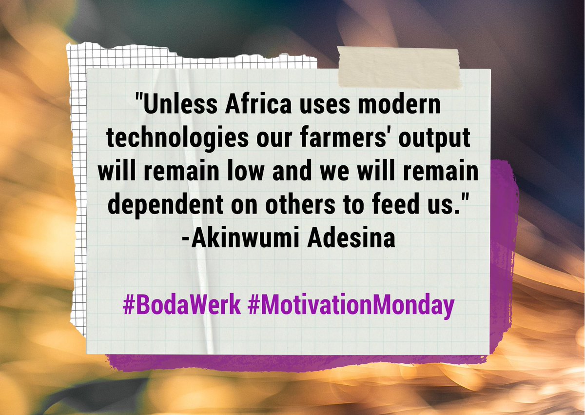 bodawerk's tweet photo. "Unless Africa uses modern technologies our farmers' output will remain low and we will remain dependent on others to feed us." - @AkinwumiAdesina
#AgriWeek #MotivationMonday #greenenergy #Agriculture #Farming #Sustainablefarming #BodaWerk #PurpleZebra#EMobility #ETrak #BUBU https://t.co/jDCoIKV6hz