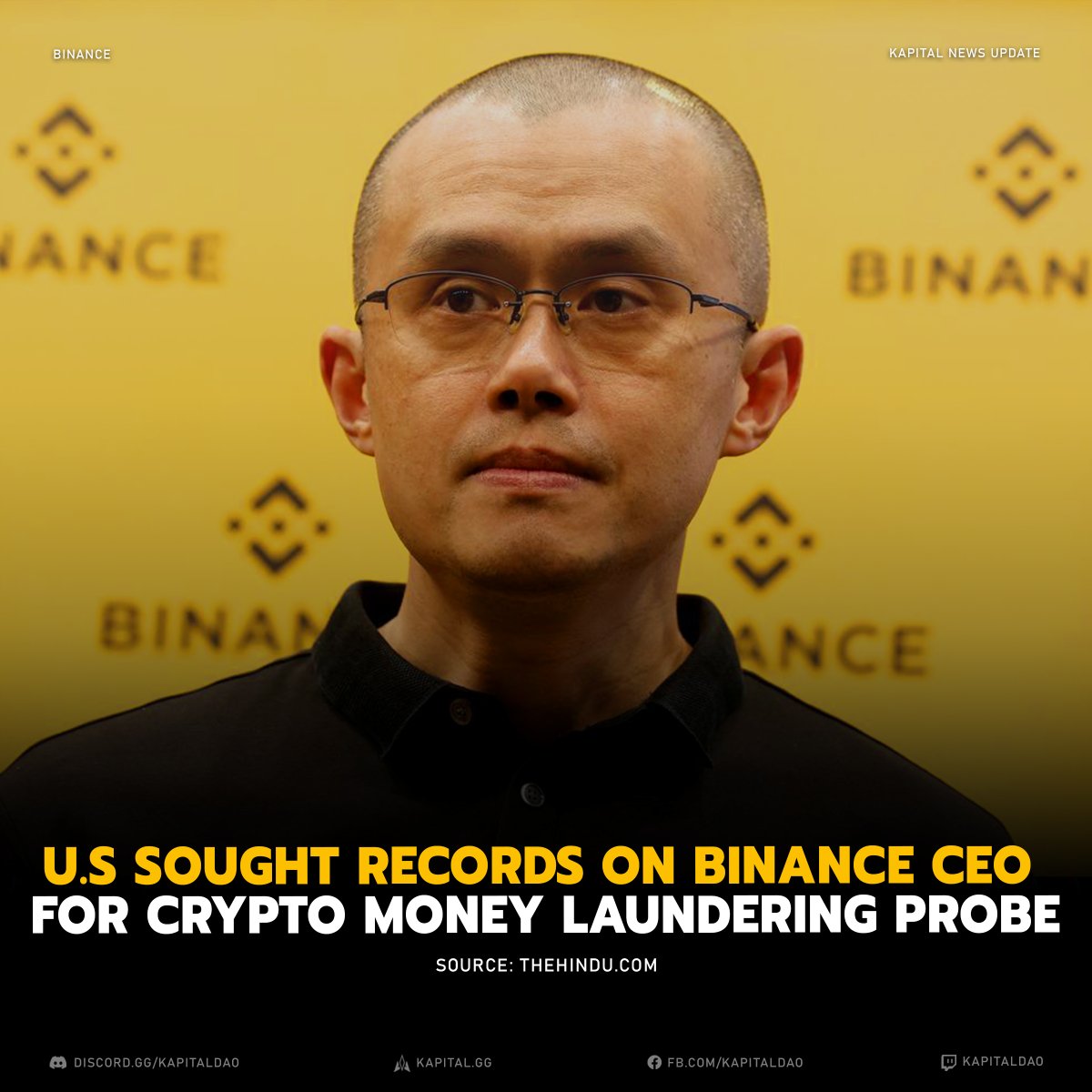 kapital_news's tweet photo. In a letter from late 2020 that Reuters saw, U.S. federal prosecutors asked Binance, to hand over a large number of internal records related to its anti-money laundering checks as well as communications involving Changpeng Zhao, the company's CEO, and founder. https://t.co/Ihh3YgS5De