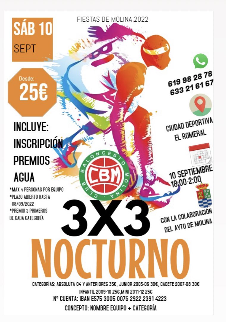 CB_MolinaWolves's tweet photo. 🏆3x3 Nocturno Club Baloncesto Molina 🏆

ÚLTIMOS 3 DÍAS PARA CERRAR INSCRIPCIONES ‼️

#25aniversario 
#FAMILIACBM🟢⚫️ https://t.co/hJXfUvnVtC