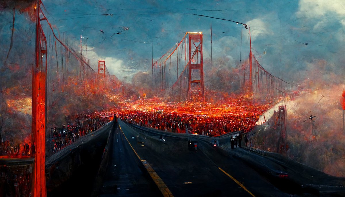 AiArtism's tweet photo. the #golden gate bridge leading directly into a black pit of hell, #CaliforniaAdventure #CaliforniaLove #California
#midjourney #art #aiart #AiArtwork #WritingArt #themeoftheday #ethereal
#CaliforniaFires #Long_Beach https://t.co/8wrrbZ4PZq