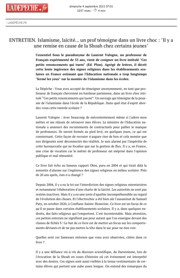 CarineAzzopardi's tweet photo. Entretien avec Laurent #Valogne (« Ces petits renoncements qui tuent » @EditionsPlon ) via @ladepechedumidi à retrouver ici ⤵️ https://t.co/qZUZGC3MaA