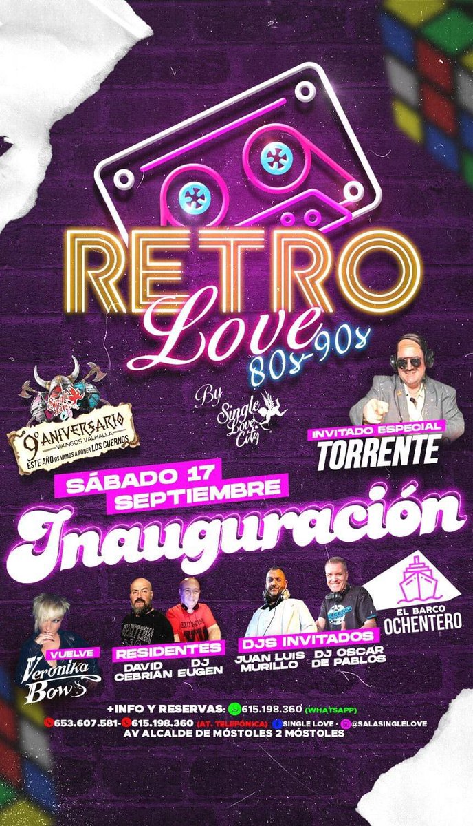 Elbarcochentero's tweet photo. 📢 Atención #Ochenteros‼️
El próximo sábado 17 tenéis una cita en la fiesta de inauguración Retro Love 80s-90s de la sala #SingleLove, en #Móstoles.
La entrada es gratuita para todos los pasajeros de @Elbarcochentero 🙋🏻♂️🙋🏻♀️🛳️
¡Allí nos vemos! 💃🏻🤟🏻 https://t.co/MkCdOSZdQo