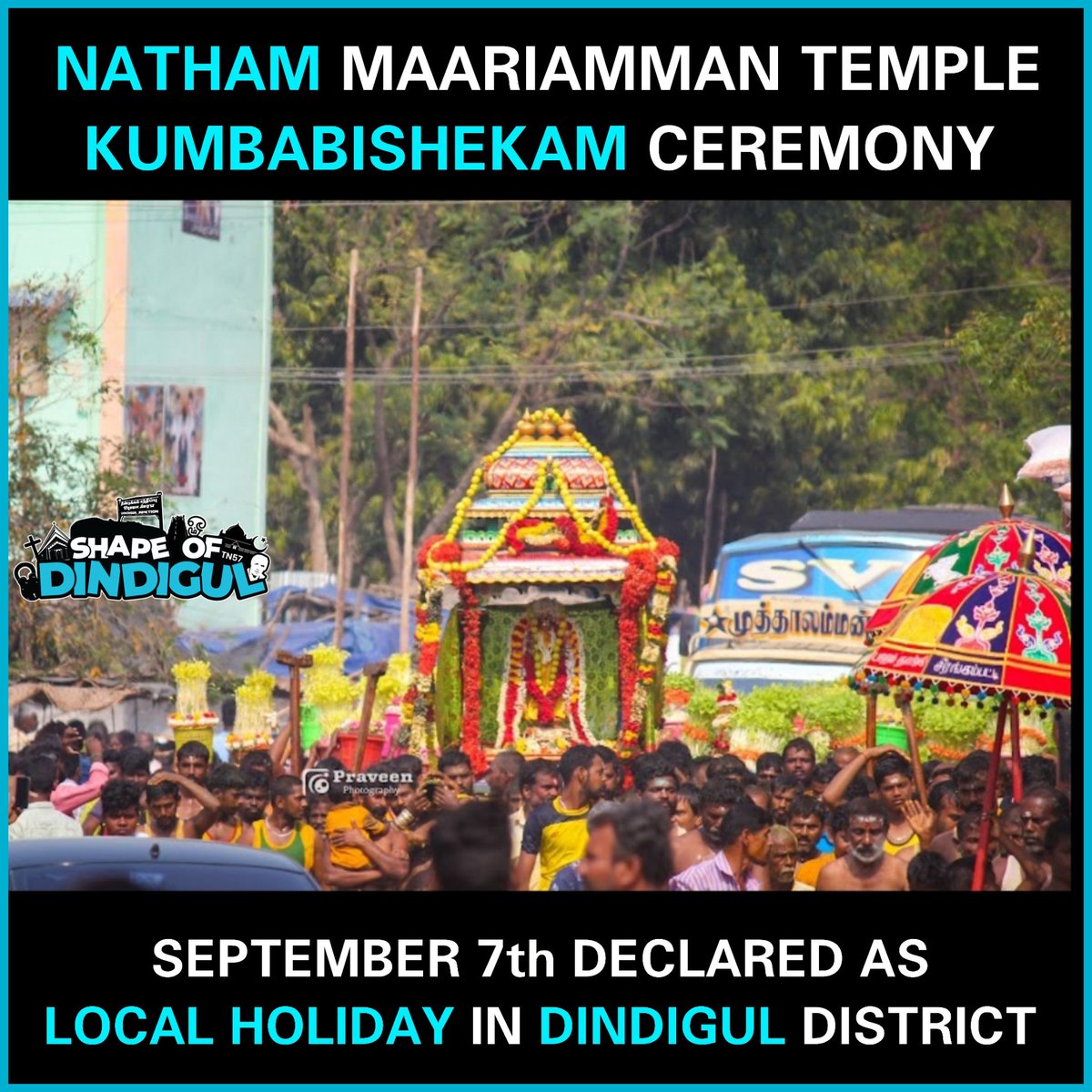 shapeofdindigul's tweet photo. @collectoratedgl Declared Local Holiday in #Dindigul on September 7th on occasion of #natham Maariamman Temple Kumbabhishekam.

#shapeofdindigul 
#localholiday https://t.co/xpxiiadhBH