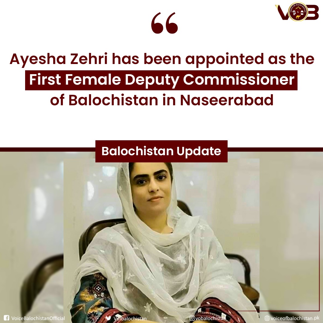 VofBalochistan's tweet photo. Following her exceptional performance as AC Mach, Ayesha Zehri has been appointed as the First Female Deputy Commissioner of Balochistan in Naseerabad. Earlier, Prime Minister Shahbaz Sharif had also applauded her efforts in his recent visit to Bolan. 

#Balochistan #Pakistan https://t.co/7yzZk8rFtw