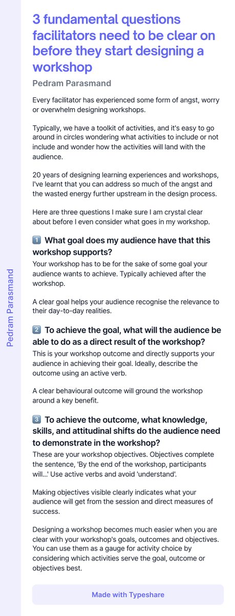 PedagogicalPed's tweet photo. 3 fundamental questions facilitators need to be clear on before they start designing a workshop
#workshop #workshopdesign #workshopfacilitation #facilitation #learningdesign #learningexperiencedesign #remoteworkshop #remotefacilitation #designthinking Day 24 of #Ship30for30 https://t.co/ML6smbcQks