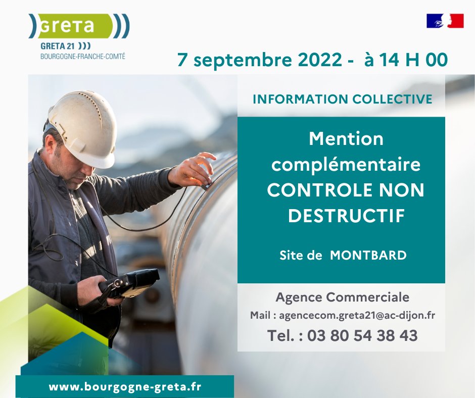 gretacotedor's tweet photo. Formez-vous au Contrôle Non Destructif sur notre site de Montbard.
Pour toute information Rendez-vous le 7 septembre à 14 H 00, au GRETA 21, Lycée Eugène Guillaume.
#cndworld #cnd https://t.co/93uMuD5WFh