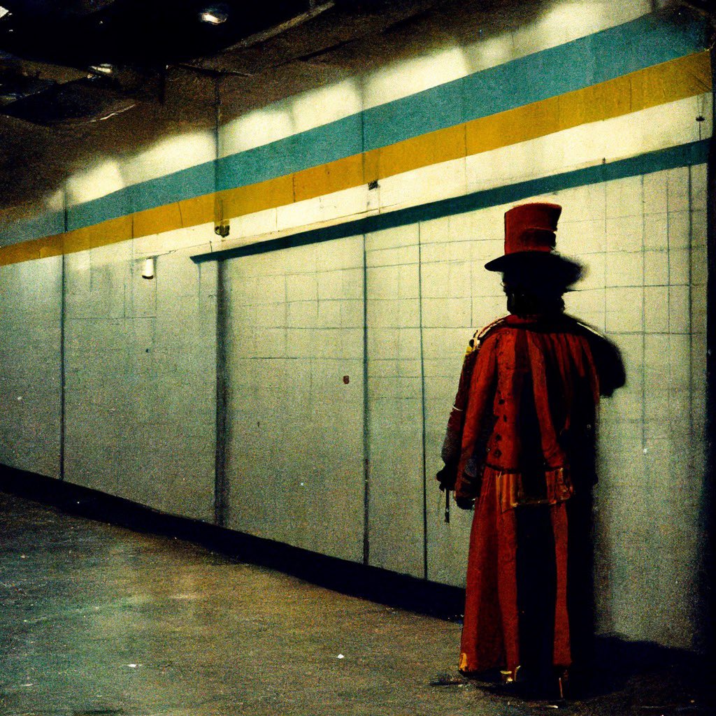 ‘The Ring Master of Piccadilly Circus’ originally part of a campaign by London Underground in 1819. The grinning mascot guiding visitors to their platforms. 
Deep in the lower levels they say he’s still there, a tattered coat and rotten face,leading lost visitors into the shadows