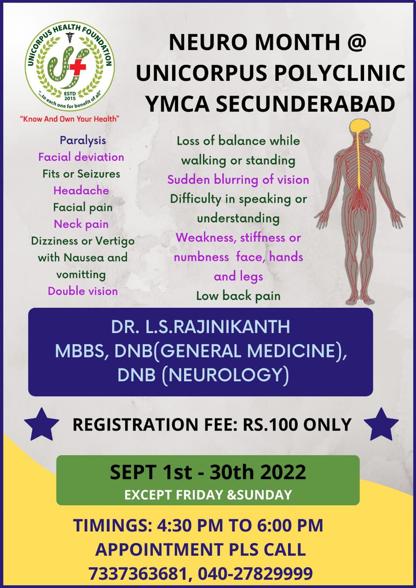 UnicorpusHealth's tweet photo. Are you experiencing loss of balance while walking or other Neuro problems?
Consult our Best Neurologist, Dr. L.S.Rajinikanth
No appointments on Friday and Sunday
For appointments please call on 7337363681, 040-27829999
#numbness #paralysis #paralysistreatment #neuroproblems https://t.co/QcAzrj6VbP