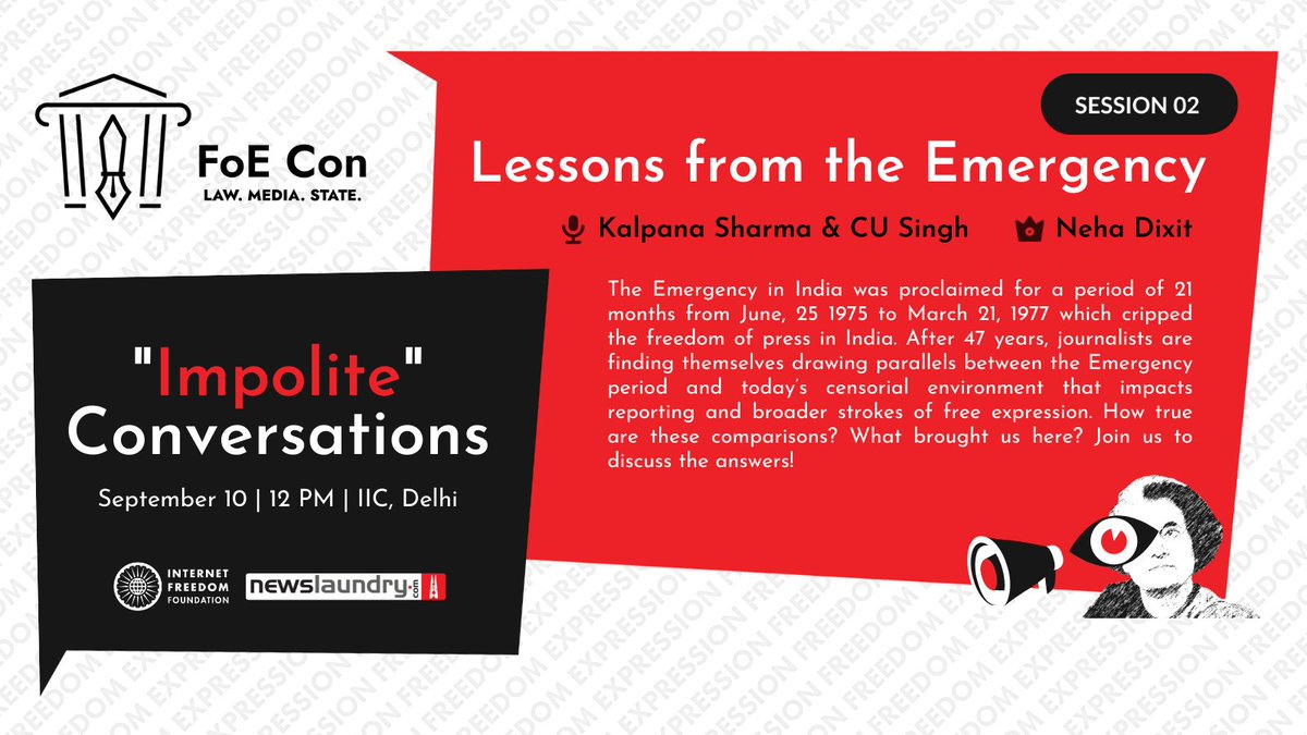FoE Con 2022, session reveal 📢

‘Lessons from Emergency '; join <a href="/kalpana1947/">Kalpana Sharma</a> and CU Singh as they speak to <a href="/nehadixit123/">Neha Dixit</a>, about their experience of working during the emergency and what lessons can be drawn from those experiences.

Register here: foe-con.in