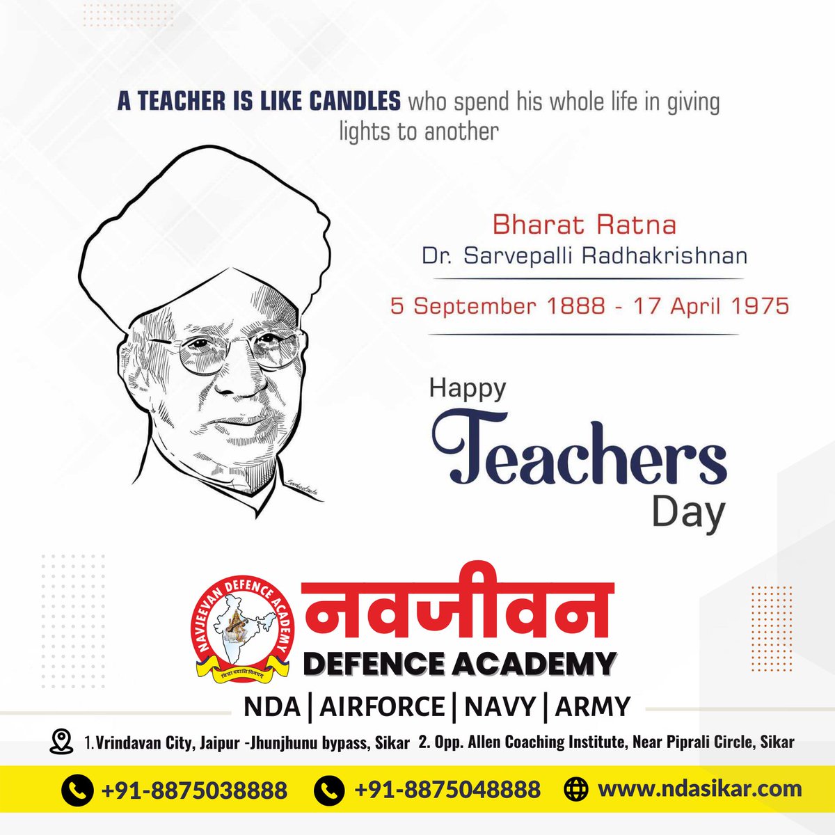 ndasikar's tweet photo. व्यक्ति, समाज और राष्ट्र की उन्नति के संवाहक सभी शिक्षक गण व प्रदेश वासियों को 'शिक्षक दिवस' की हार्दिक बधाई एवं शुभकामनाएं!

#navjeevandefenceacademy #ndasikar  #teachersday #teachersday2022 #HappyTeachersDay #happyteachersday  #happyteachersday2022 #drradhakrishnan #BharatRatna https://t.co/xTjNUetNIV