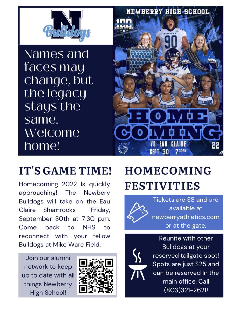 Newberry_HS's tweet photo. Homecoming is around the corner and we need you in Bulldog Stadium on September 30th as your Bulldogs take on the Shamrocks of Eau Claire.

We will have a tailgating location set up. You can purchase a space for $25.

Please review the info below and share it with other alumni! https://t.co/DiGoHmpjBN