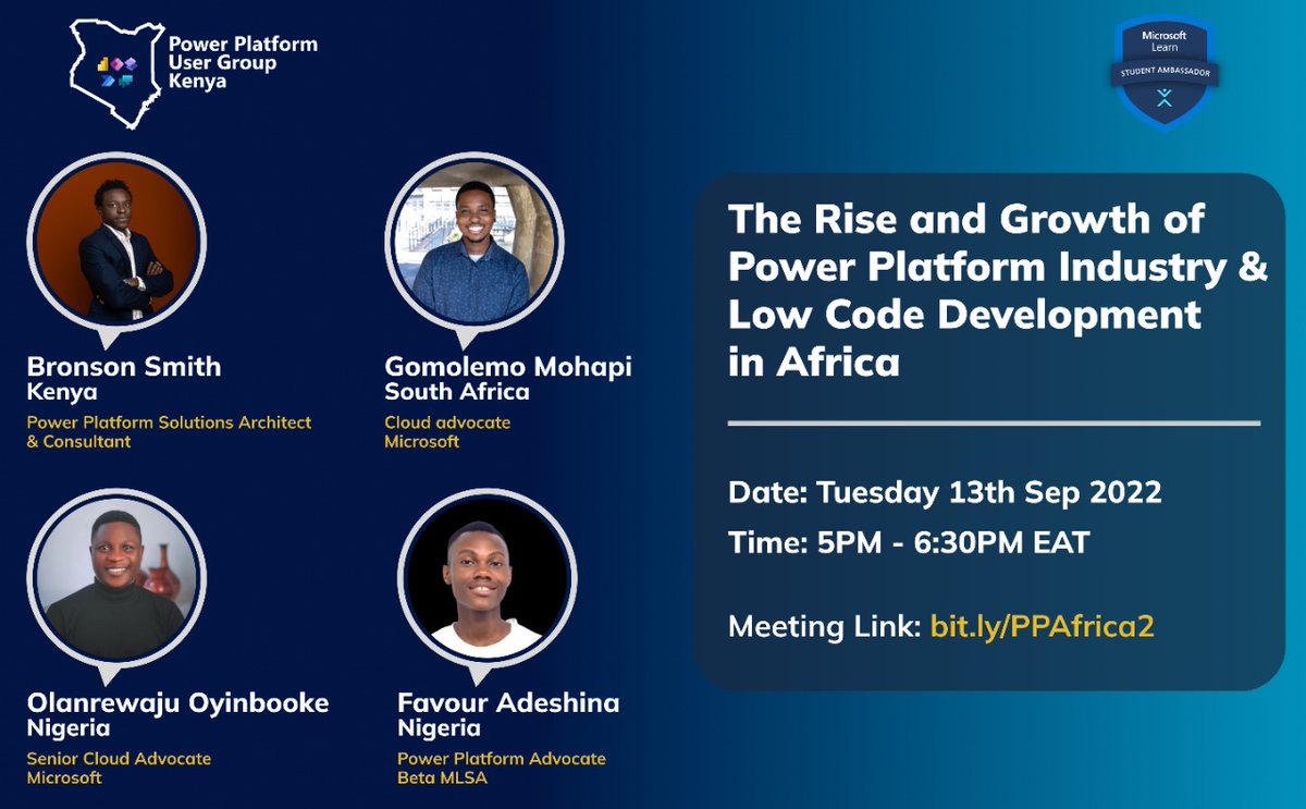laurah_0's tweet photo. ๐Low-code No-code Revolutionary
Join us for a panel discussion as our speakers, experts in the low-code industry, take us through "The rise and growth of power platform and low code development in Africa "๐ฅ๐
RSVP link: https://t.co/CLbV8mLKPW
#PowerAddicts #LowCodeTechies https://t.co/33mvaF6RTg