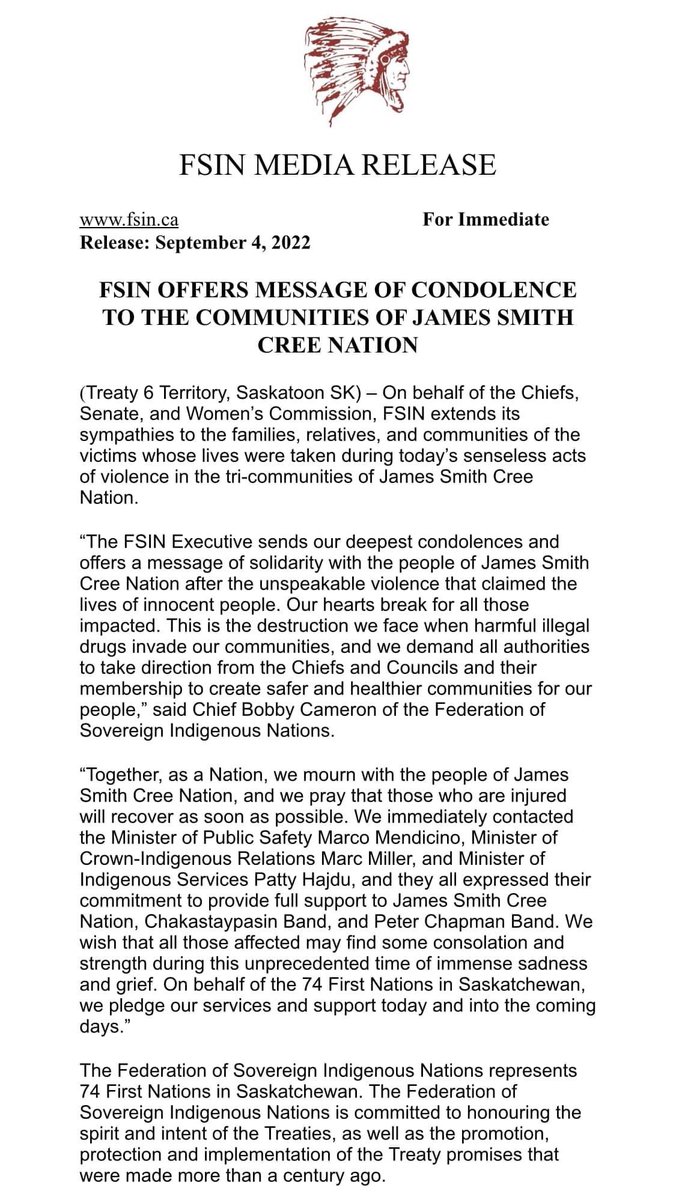 FSIN Offers Message of Condolences to the Communities of James Smith Cree Nation.