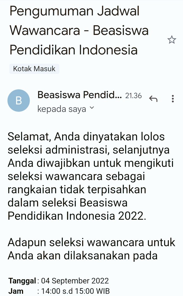Terima kasih Bpk Nadiem Makarim <a href="/MasMenteri/">Nadiem Makarim Fanbase</a>, saya Maharsyalfath @Maulasufa mhs BINUS Univ S1 Ilmu Komunikasi diberi kesempatan mengikuti Wawancara Beasiswa BPI/BIM <a href="/Kemdikbud_RI/">kemdikbud go id</a> via Zoom. Sensasi luar biasa pas saya di Kereta Api <a href="/KAI121/">Kereta Api Indonesia</a> Matarmaja JKT-Malang 4 Sep 2022. Keren!
.