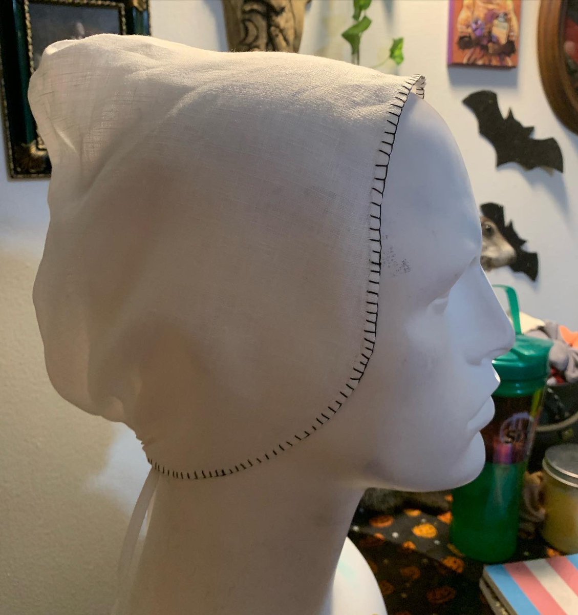 toadspool's tweet image. As a fun little one day project I made a very simple blackwork coif. 
It’s completely hand stitched with linen and silk thread on a fine linen. 
I’m excited to wear this. :D