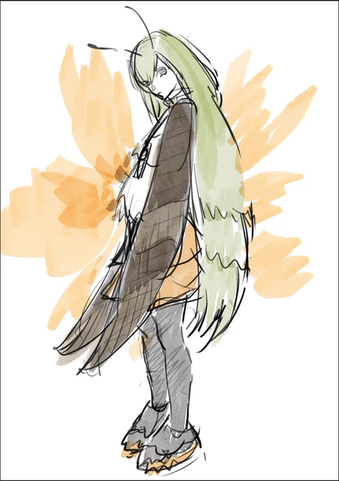 これはそのうち虫の擬人化もやってみたいなーとざっくり描いてみたヒメクロホウジャクスズメガファミリーもふもふみたいなの・・・ね・・・ 