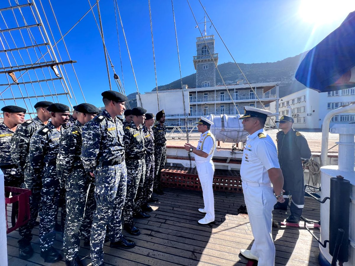 IN_HQSNC's tweet photo. As part of #Lokayan22, INS #Tarangini entered Gibraltar 04 Sep 22. Welcomed by #BritishForcesGibraltar &amp; Indian NA,HCI London.02 cadets from Britannia Royal Naval College on passage from London to Gibraltar exposed to nuances of life onboard Tallship. #Bridgesoffriendship https://t.co/q5owFV8T6U