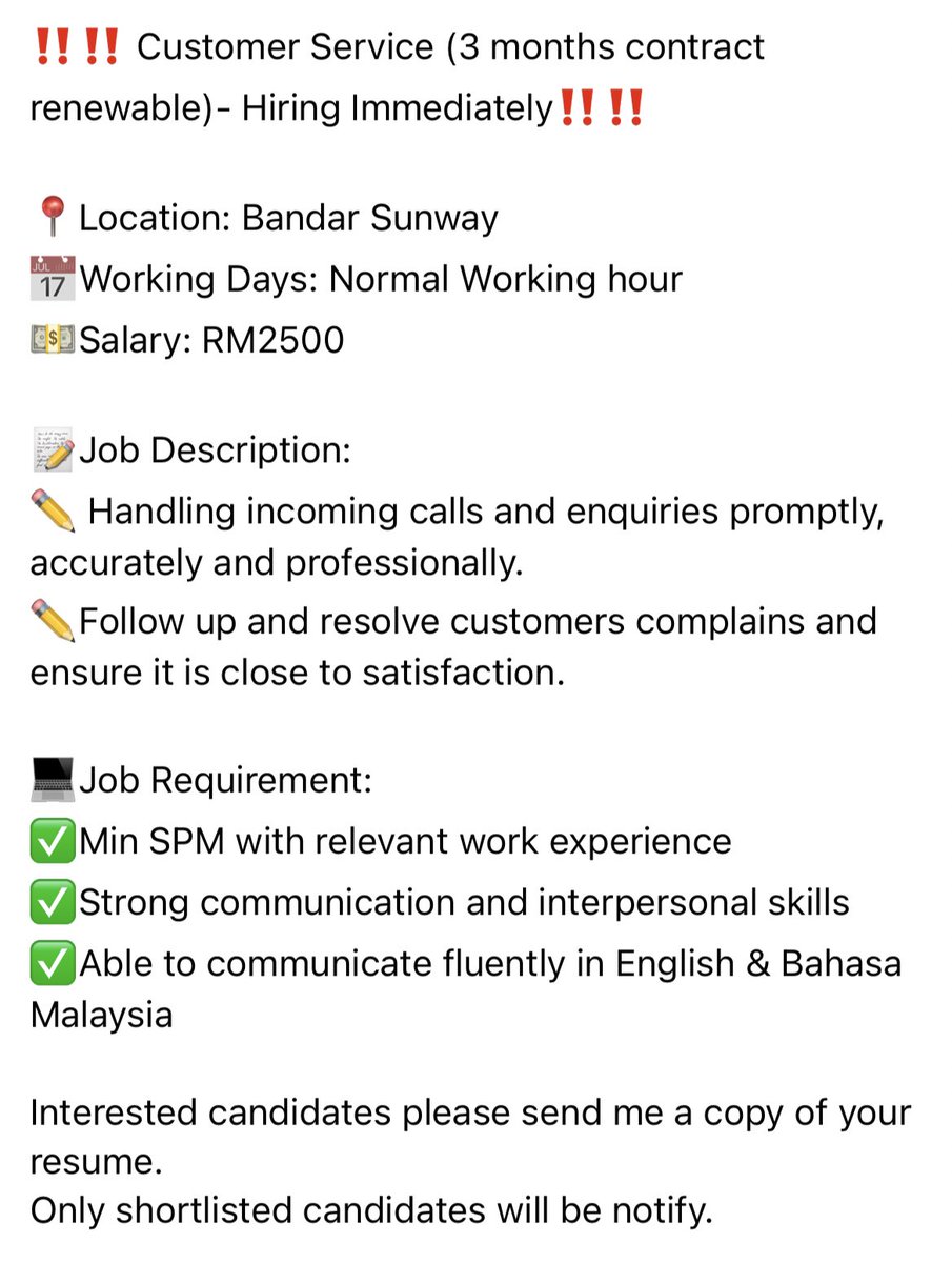 Hi everyone! I am looking to hire for below position. Anyone interested can just whatsapp me for more details. wa.link/pi8kyc @Kerjacarirezeki @twt_kerjaMY @KerjaKosongWoi @twt_penganggur @Oh_KerjaKosong @CKKMY18 @JobVacanciesMY @kerja_kosongMY @kerjakosong123