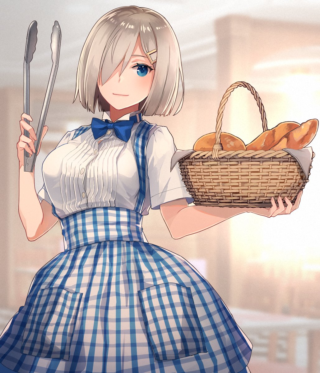 hamakaze (kancolle) 1girl tongs basket solo blue eyes bread hair over one eye  illustration images