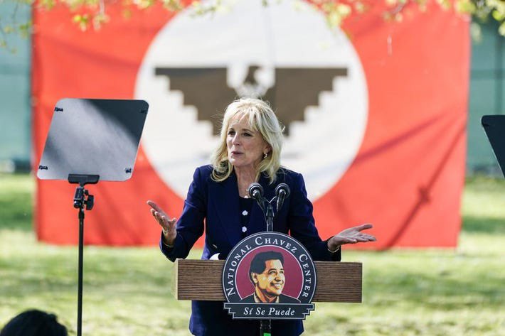 Jill Biden speaking in Delano, CA on Cesar Chavez day. Gavin Newsom was there and knows what the farmers need. Sign #AB2183.