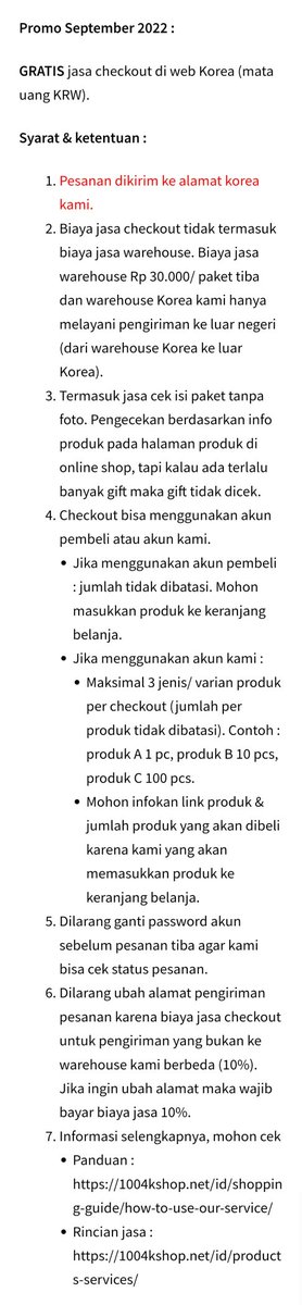 PROMO SEPTEMBER 2022

GRATIS jasa checkout Korea (jasa bayar online shop Korea) untuk pengiriman ke warehouse korea kami.

Order form :
1004kshop.net/id/form/money-…