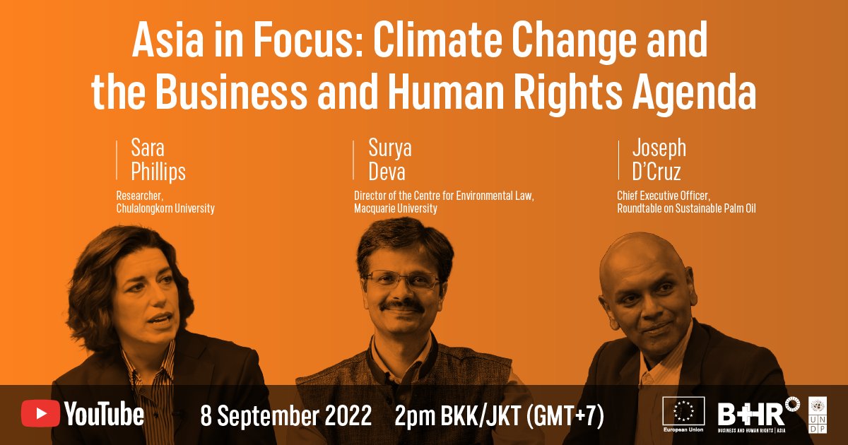 RSPOtweets's tweet photo. #WATCH: RSPO CEO @jd_dcruz joins @ProfSuryaDeva &amp; Sara @SEI_Asia to explore the links between #ClimateChange, #Business &amp; #HumanRights with @BizHRAsia_UNDP.

🗓 Thursday, 8 September | 2:00 PM (GMT+7) 
Register 👉 https://t.co/24K21SAigA 

#BizHumanRights #BizClimateChange https://t.co/3UJM3y5TwM