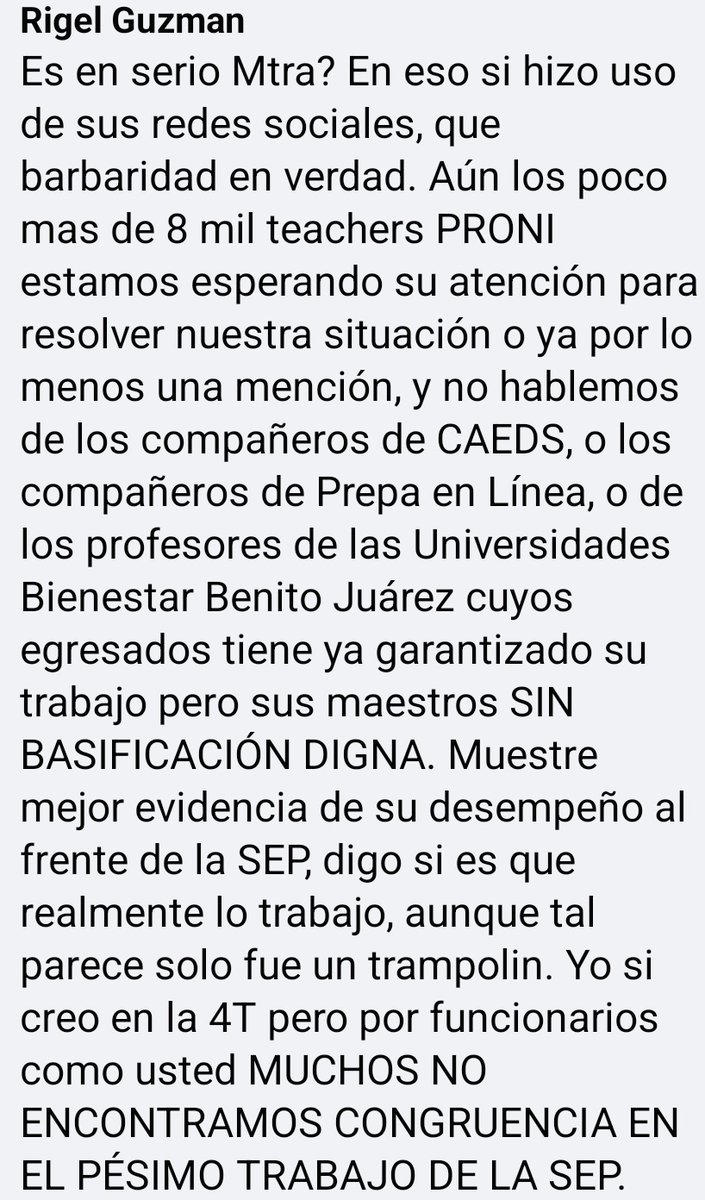 rigel_deneb's tweet photo. Disculpe Mtra. @delfinagomeza no puedo creer que para eso si hizo uso de las redes, pero JAMÁS PARA EVIDENCIAR ALGUN COMPROMISO REAL con el Magisterio. Por Servidores Públicos como usted los maestros aún  esperamos la Revalorización Magisterial @lopezobrador_ @REobservatorio https://t.co/XlkArrfsh4