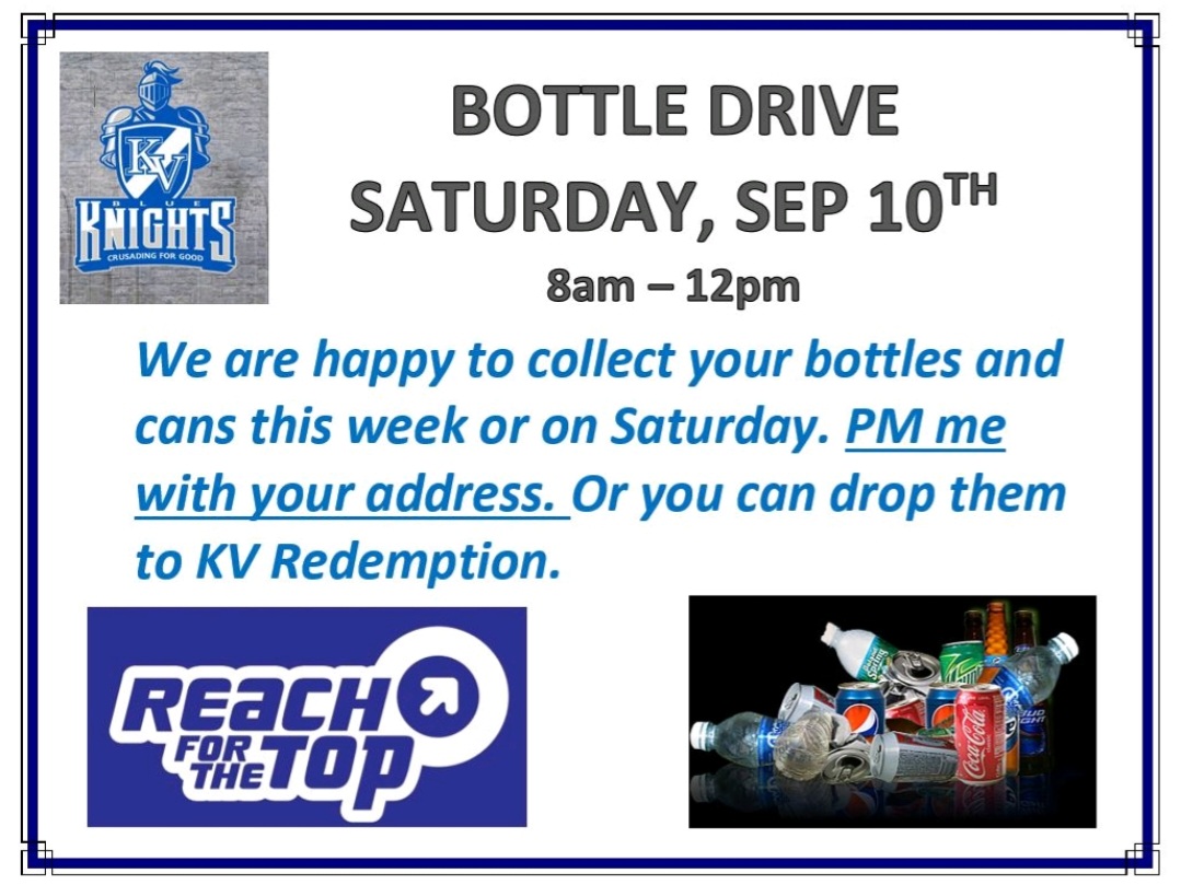 ThorneKVHS's tweet photo. The KVHS Reach for the Top team would happily come collect all your summer cans/bottles this week. Thanks for your support! https://t.co/9TxjU318D5
