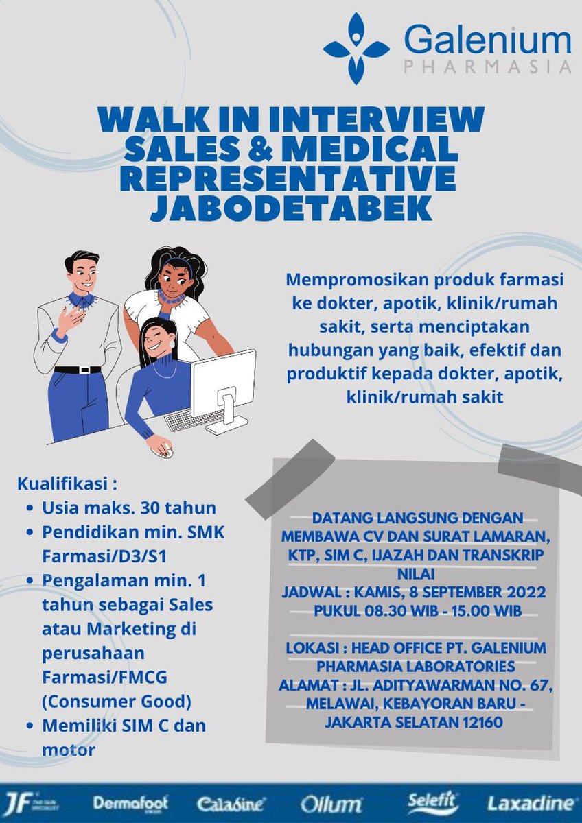 LokerGalenium's tweet photo. Walk in Interview Sales &amp; Medical Representative PT. Galenium Pharmasia Laboratories
Kamis, 8 September 2022 pukul 09.00-14.00
Head Office PT. Galenium Pharmasia Laboratories, Jl. Adityawarman No. 67, Kebayoran Baru - Jaksel 
Bawa CV lengkap, KTP, SIM C, Ijazah &amp; Transkrip Nilai https://t.co/9LeCNAZD9e