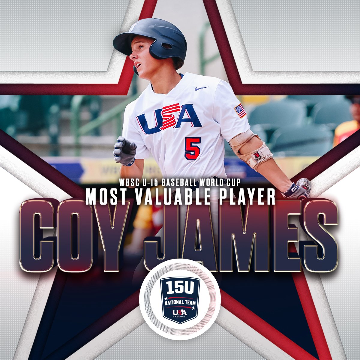 USABaseball15U's tweet photo. No. 5️⃣ on the field, No. 1️⃣ in our hearts. 

@CoyJames10 has been named @WBSC #U15WorldCup MVP 🏆 https://t.co/CyjBAwhY5Q