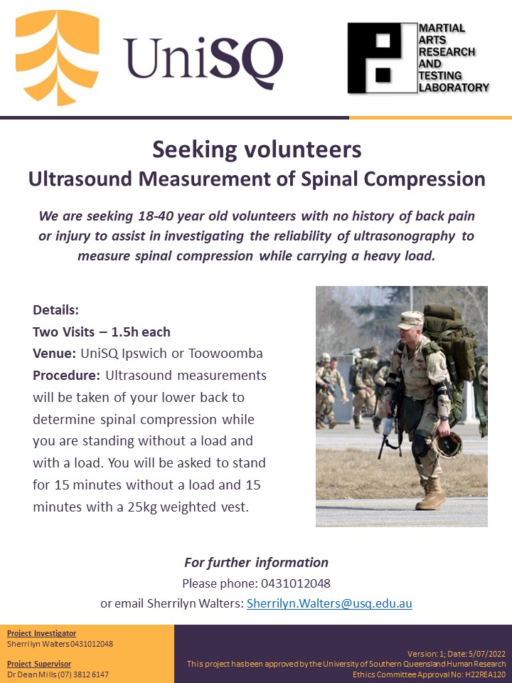 DrDeanMills's tweet photo. We are seeking volunteers for a research study that is investigating the reliability of ultrasound to measure spinal compression, Testing will require 2 x 1.5 hour visits to our research laboratory in Toowoomba. For further details please contact sherrilyn.walters@usq.edu.au https://t.co/M4LeouP1e5